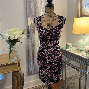 WHBM purple black floral instantly slimming cocktail career dress XXS 00 summer